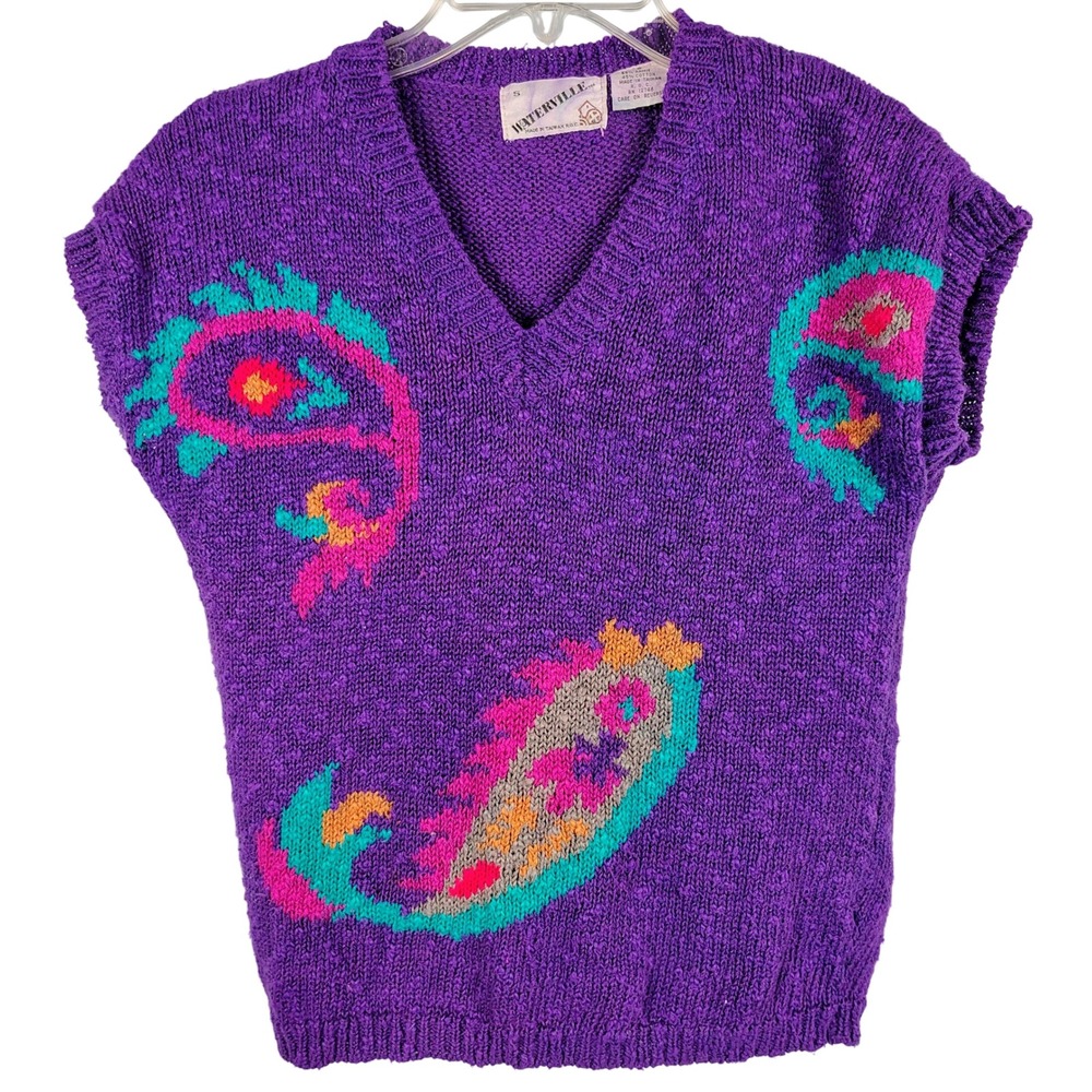 Womens S Waterville Vintage Paisley Knit Sweater Vest Purple Ramie Cotton 80s 90